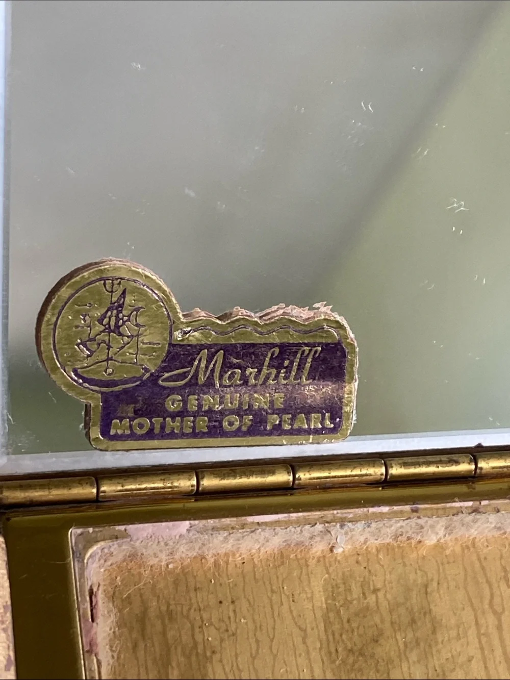 Marhill Gold Tone Mother of Pearl Compact Mirror Makeup Case Vintage